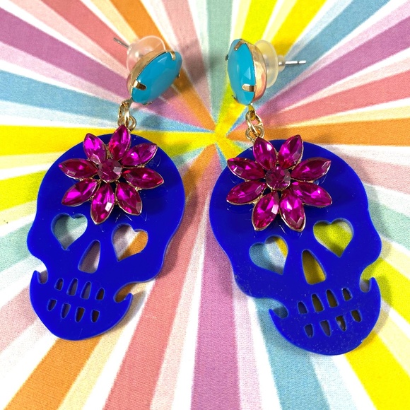 Killer Glam Skull Acrylic Rhinestone Drop Earrings - Picture 1 of 3